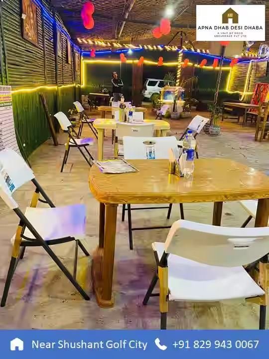 Outdoor seating with string lights, Apna Dhaba