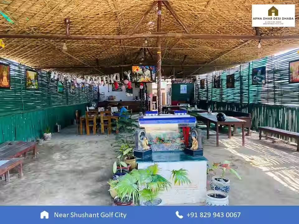 Thatched-roof dining area at Apna Dhaba Desi Dhaba