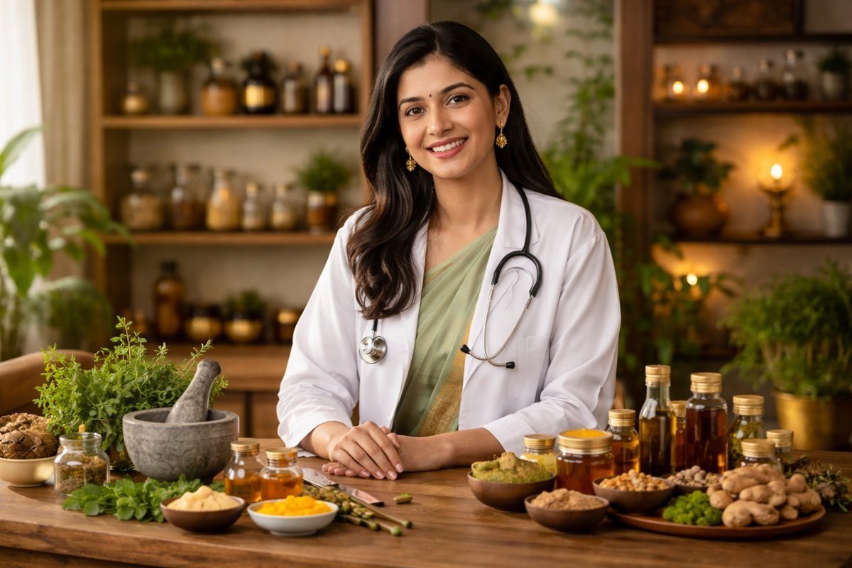 Ayurvedic doctor preparing herbs and oils at Arogya Ayurvedic Chikitsalay, Nirala Nagar