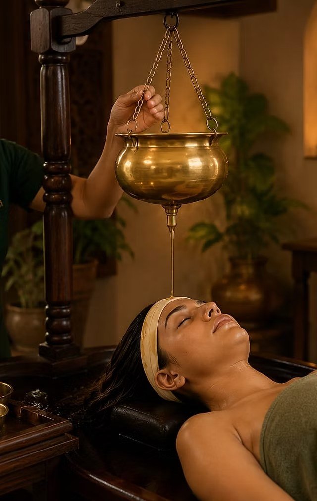 Shirodhara warm oil therapy being performed
