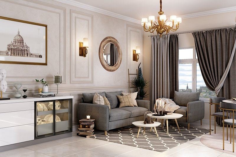 Neoclassical living room with grey sofa and brass chandelier by Curated Comfort Lucknow