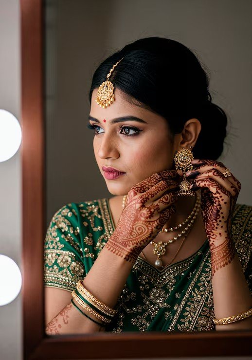 Bride getting ready at mirror with jewellery at Lucknow bridal salon