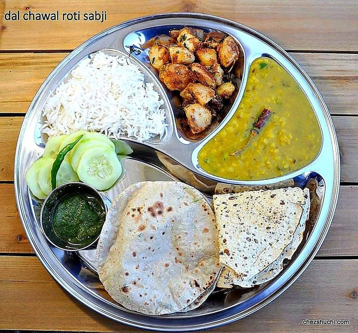 Home-style dal, chawal, roti and sabzi thali by Didis Food