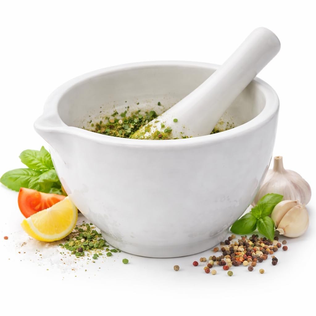 Mortar and pestle with fresh ayurvedic herbs
