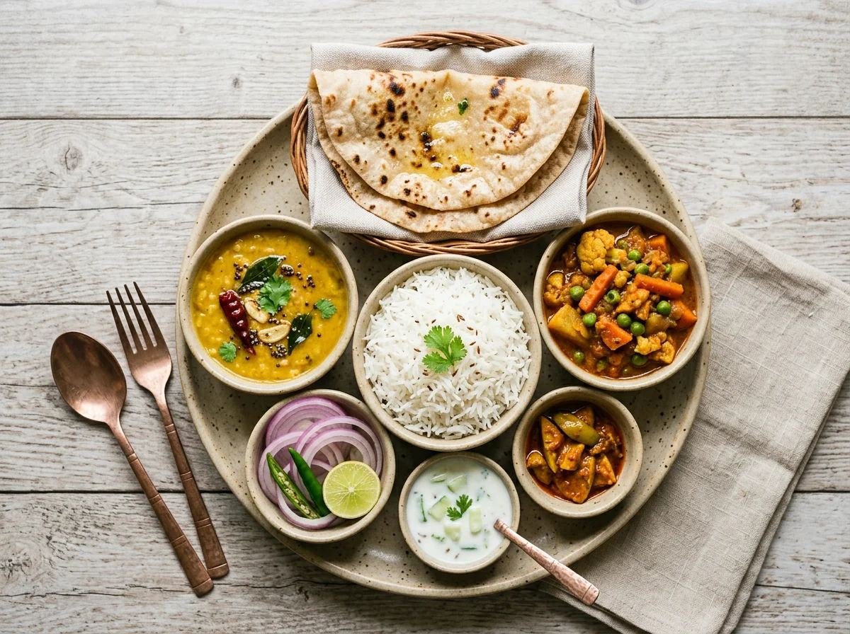 Fresh Indian veg thali with dal, sabzi, rice and roti — tiffin service in Aliganj Lucknow
