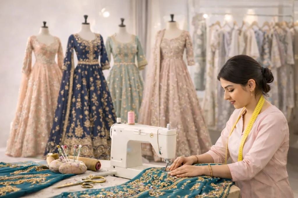 Designer stitching lehenga on sewing machine