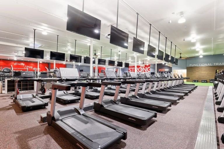 Rows of treadmills on cardio deck