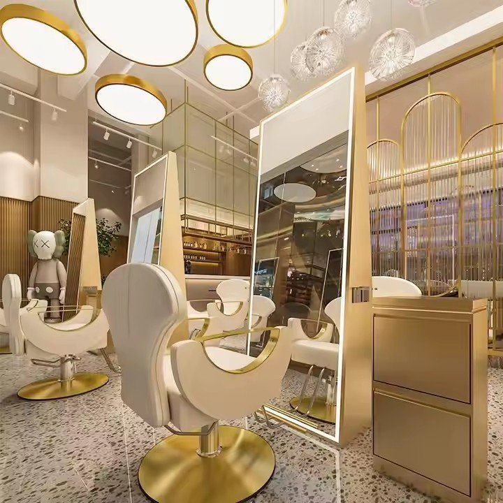 Premium gold salon interior with LED mirrors