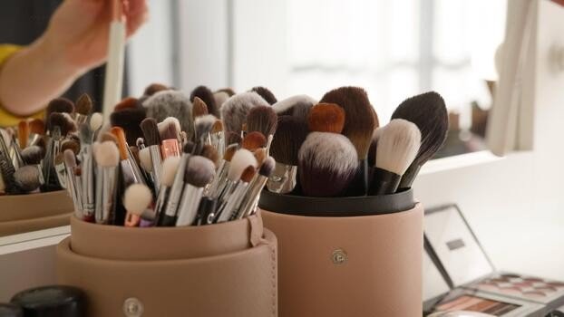 Professional makeup brush set at vanity