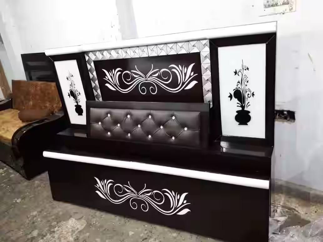Designer double bed with cushioned headboard from Lucknow Furniture House, furniture store in Transport Nagar Lucknow