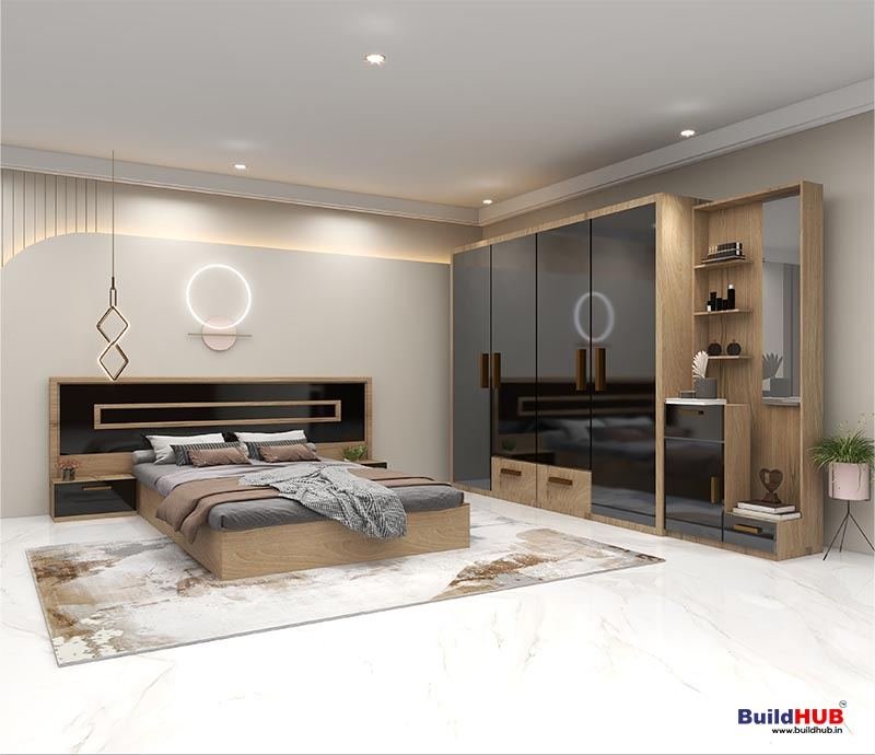 Bedroom set with bed, 4-door wardrobe and dressing table by Lucknow Furniture House