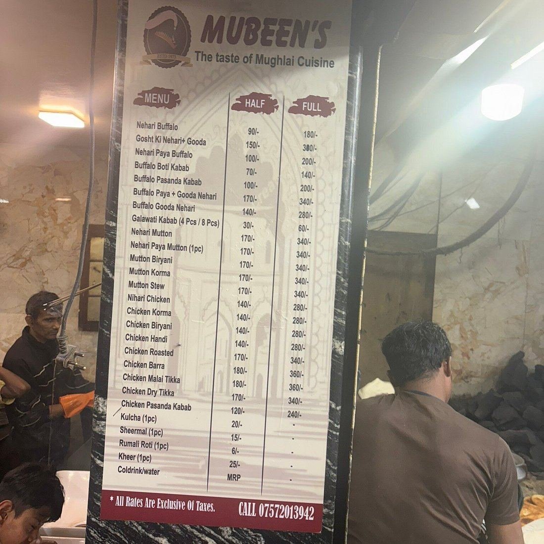 Mubeen's menu board with Mughlai items and prices, Chowk Lucknow