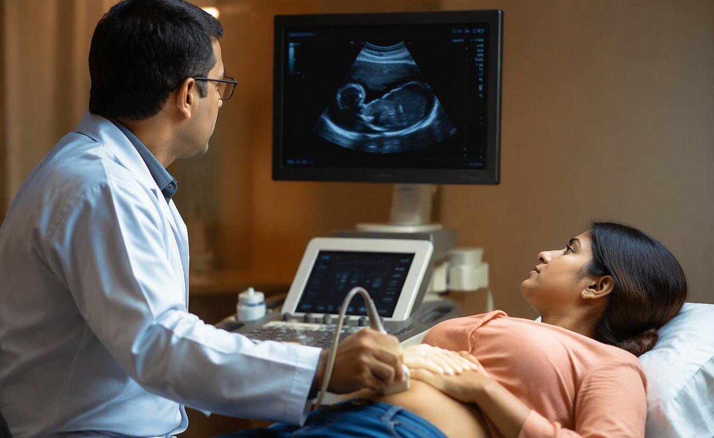 Sonographer scanning an expecting mother