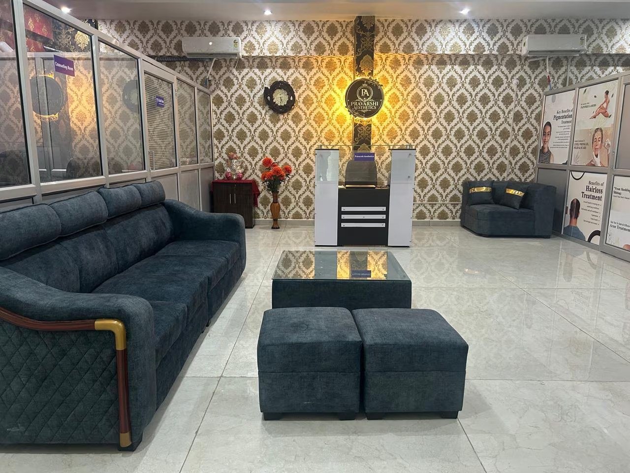 Elegant lobby and reception of Pravarshi Aesthetic and Wellness Centre, LDA Colony, Lucknow