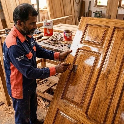 Door polishing work in progress — Sahanawaz Carpainter House, Kakori, Lucknow