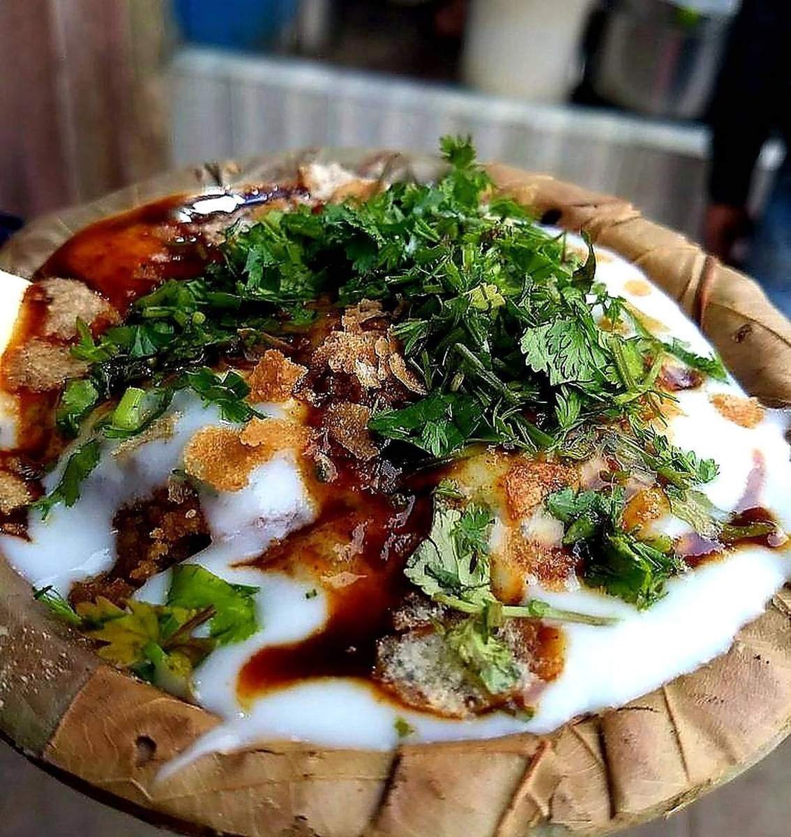 Dahi bhalla chaat in dona with chutneys at Shukla Chaat House Lucknow
