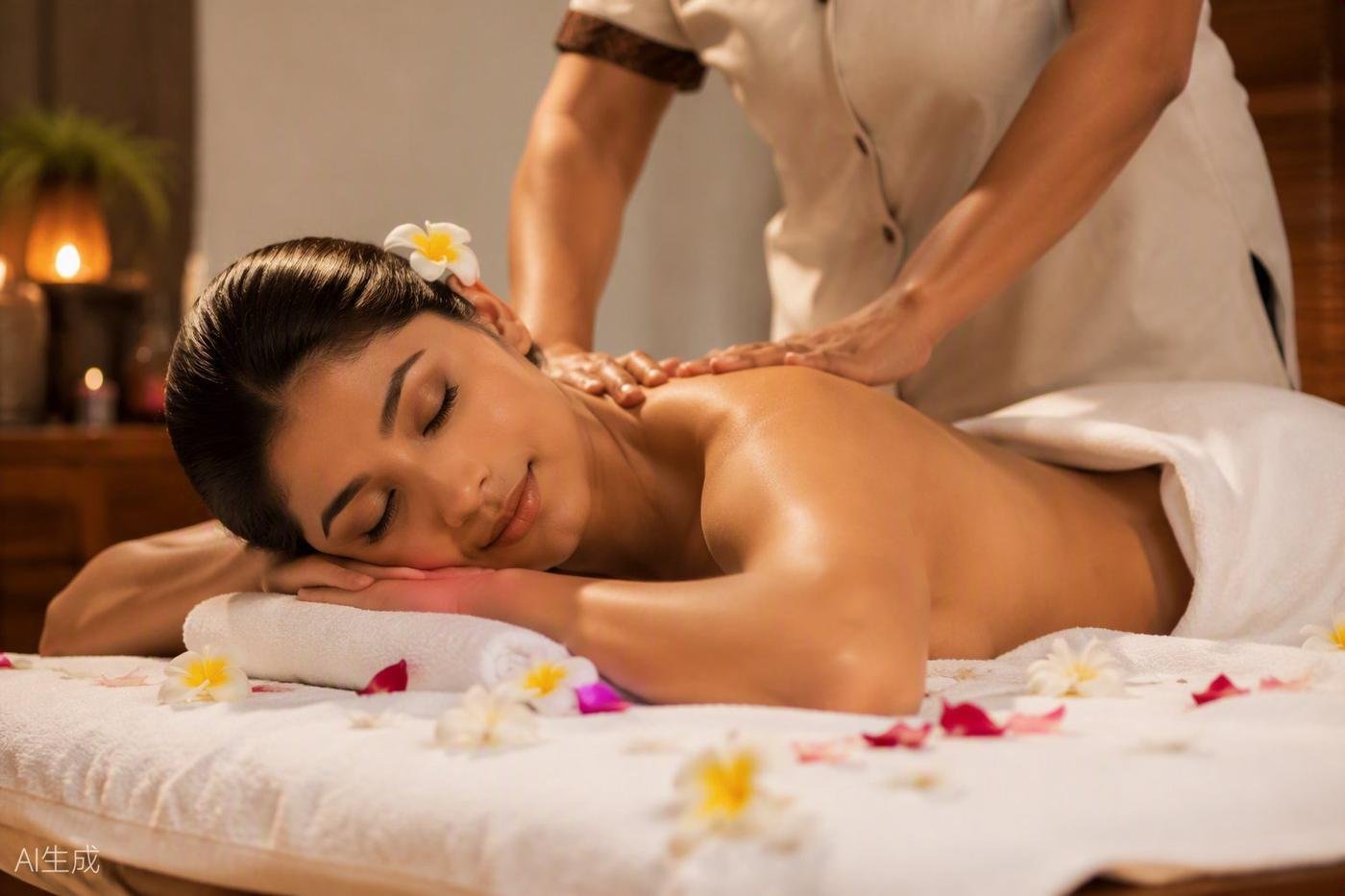 Spa pedicure and massage chairs with Buddha decor at Sugar E Spa