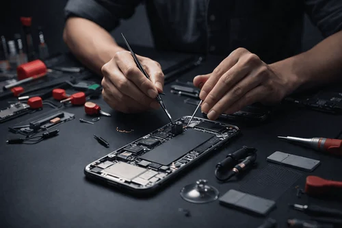 Precision motherboard repair with tweezers — Sunny Mobile Repairing Centre, Indira Nagar, Lucknow