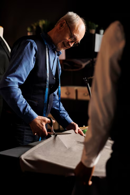 Master tailor cutting fabric with precision