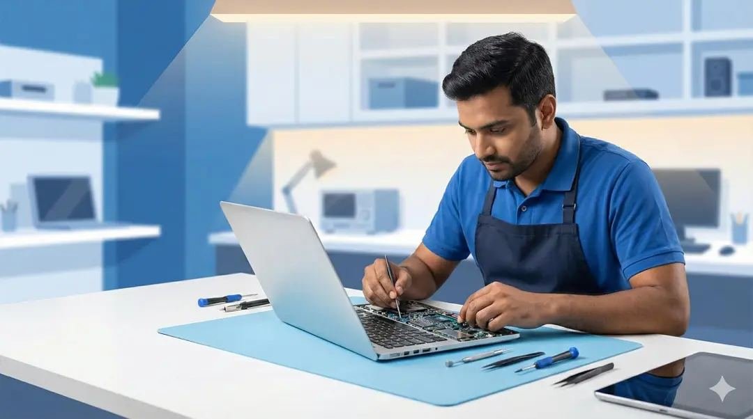 Laptop repair technician working at the lab bench — laptop repair & upgrade in Indira Nagar, Lucknow