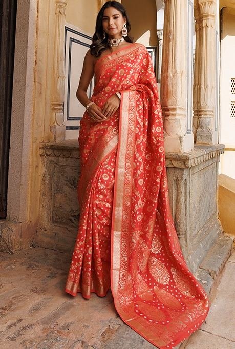 Model draped in rich red banarasi silk saree