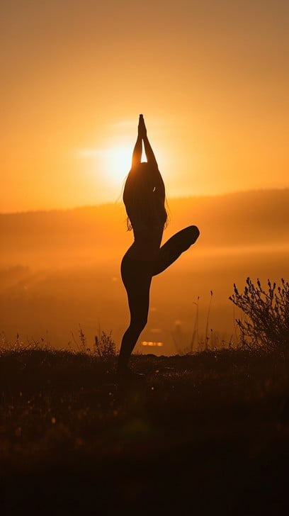 Tree pose silhouette at sunrise