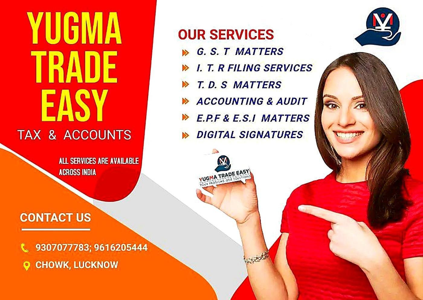 Yugma Trade Easy services banner — GST, ITR, TDS and audit consultancy, Chowk Lucknow
