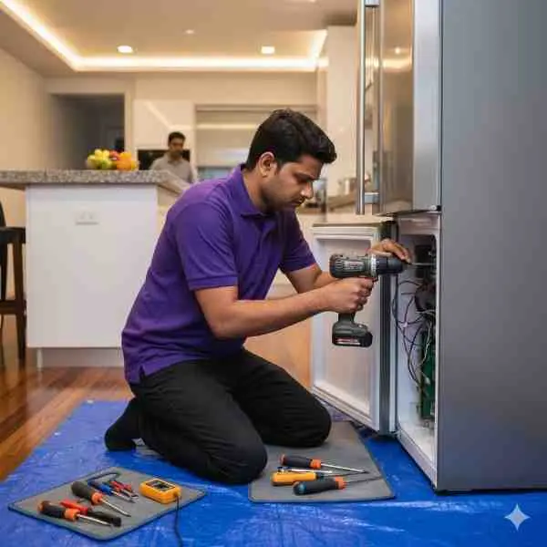 Technician repairing a refrigerator with tools laid out — deep freezer service in Wazirbagh Mohallah, Lucknow